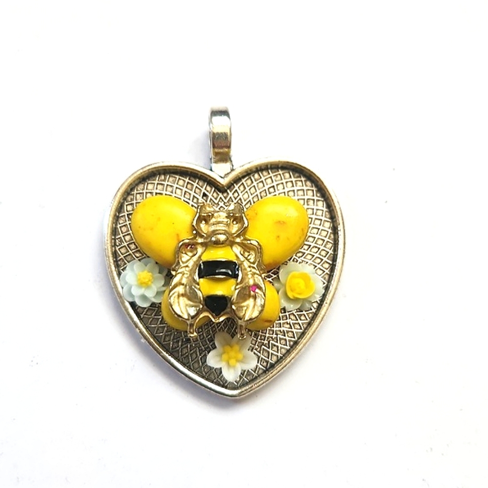 Yellow and Silver Bee Heart Pendant
